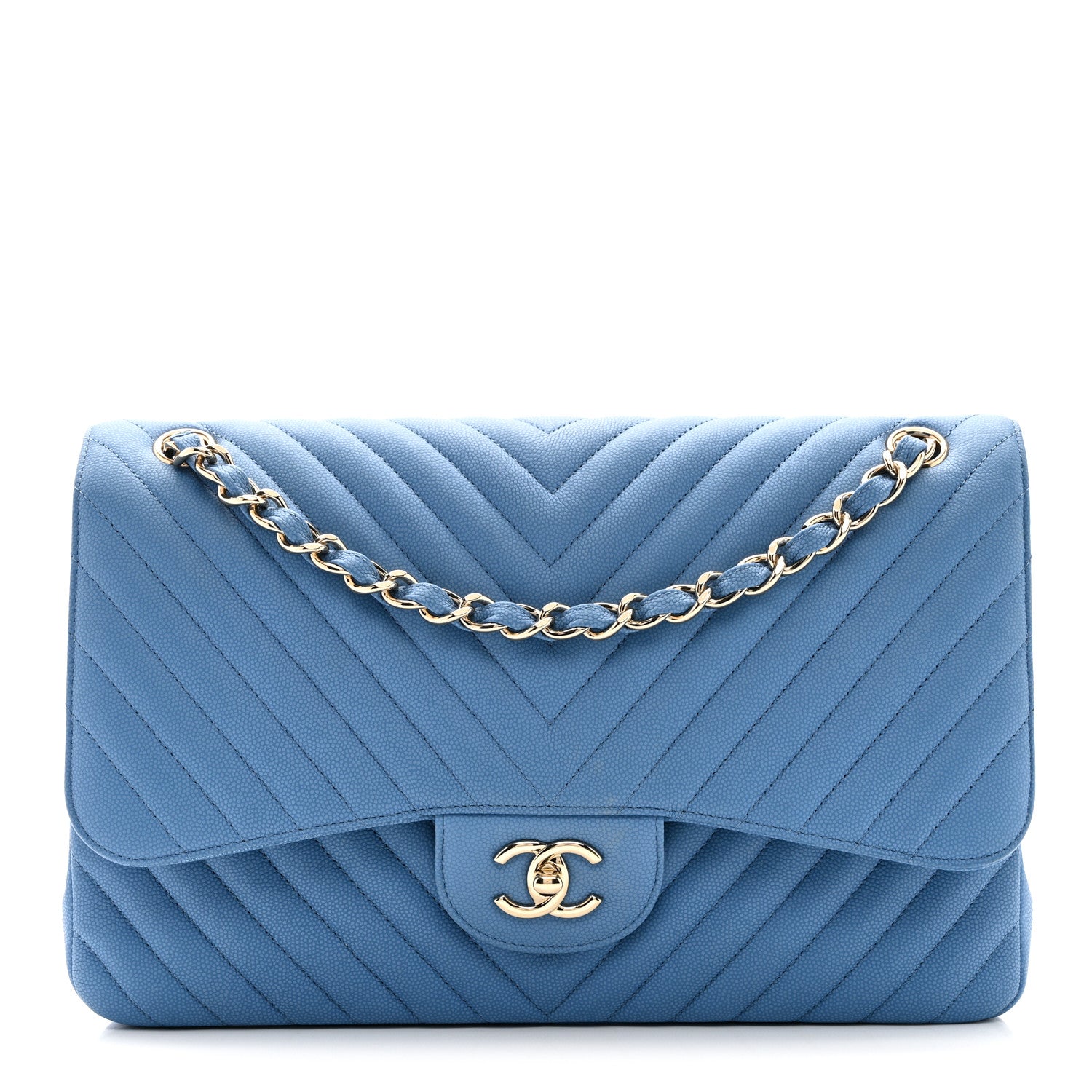 Chanel Caviar Flat Chevron Quilted Jumbo Double Flap Blue 1 of 10