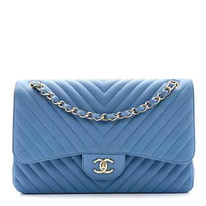 Chanel Caviar Flat Chevron Quilted Jumbo Double Flap Blue 1 of 10