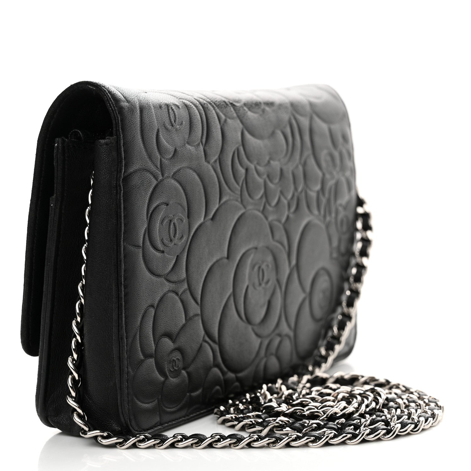 Chanel Lambskin Camellia Embossed Wallet on Chain WOC Black 3 of 17