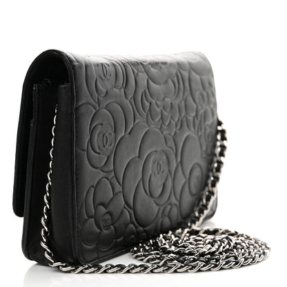 Chanel Lambskin Camellia Embossed Wallet on Chain WOC Black 3 of 17