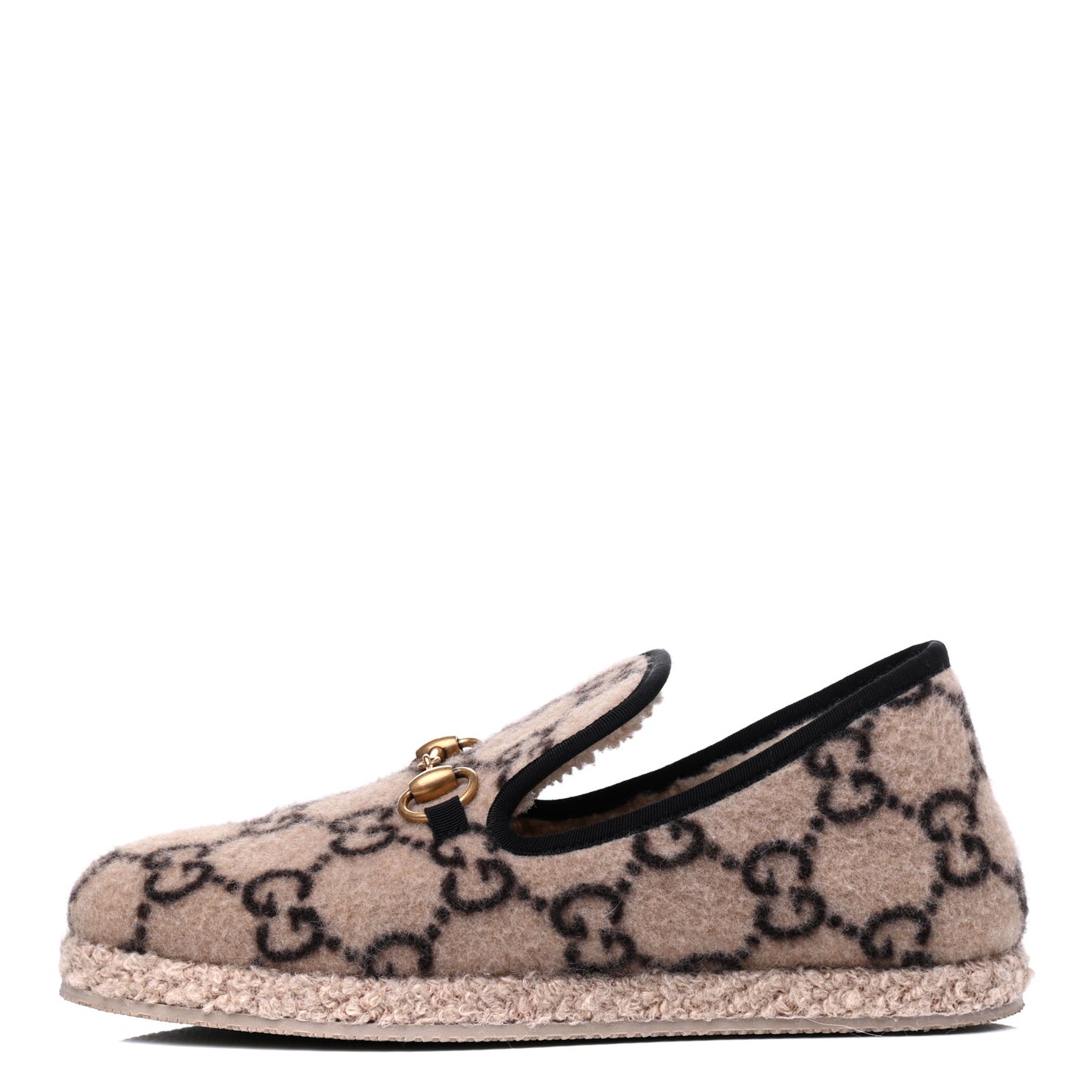 Covered Wool GG Monogram Womens Fria Horsebit Loafers 38.5 Beige Ebony Black Butterscotch