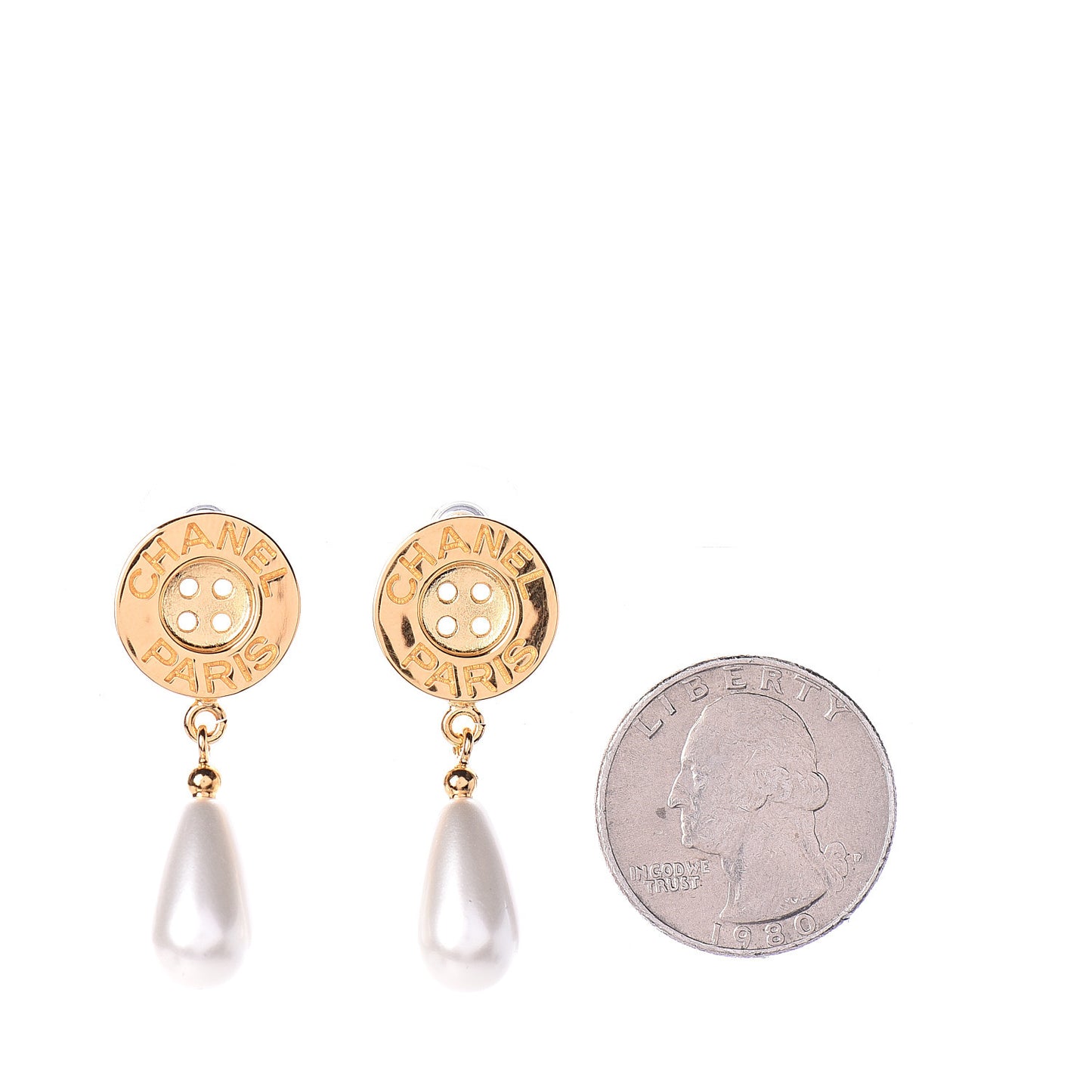 Metal Pearl Paris Button Drop Earrings Gold