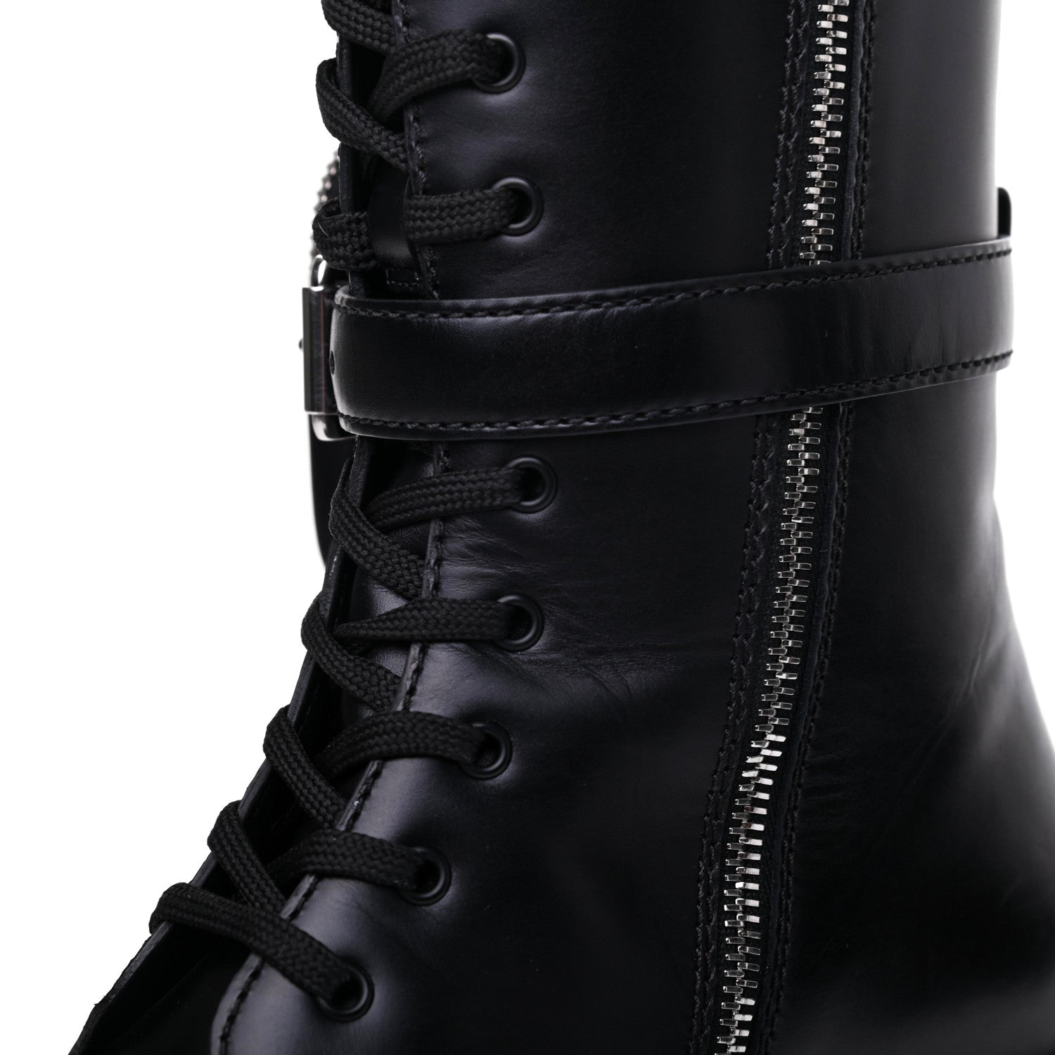 Prada Vitello Lux Nylon Metal Triangle Logo Monolith Pouch Pocket 55mm Tall Combat Boots 37.5 Black 14 of 15