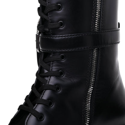 Prada Vitello Lux Nylon Metal Triangle Logo Monolith Pouch Pocket 55mm Tall Combat Boots 37.5 Black 14 of 15
