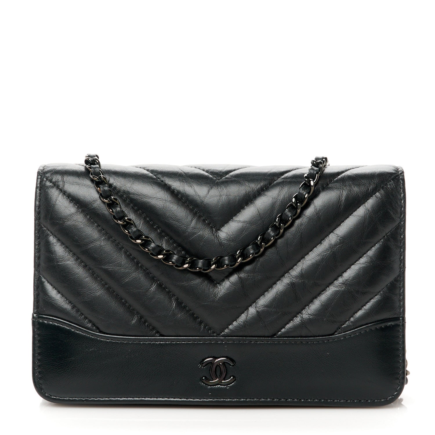 Chanel Aged Calfskin Chevron Quilted Gabrielle Wallet On Chain WOC Black 1 of 11