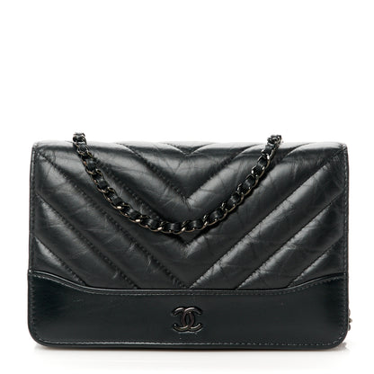 Chanel Aged Calfskin Chevron Quilted Gabrielle Wallet On Chain WOC Black 1 of 11