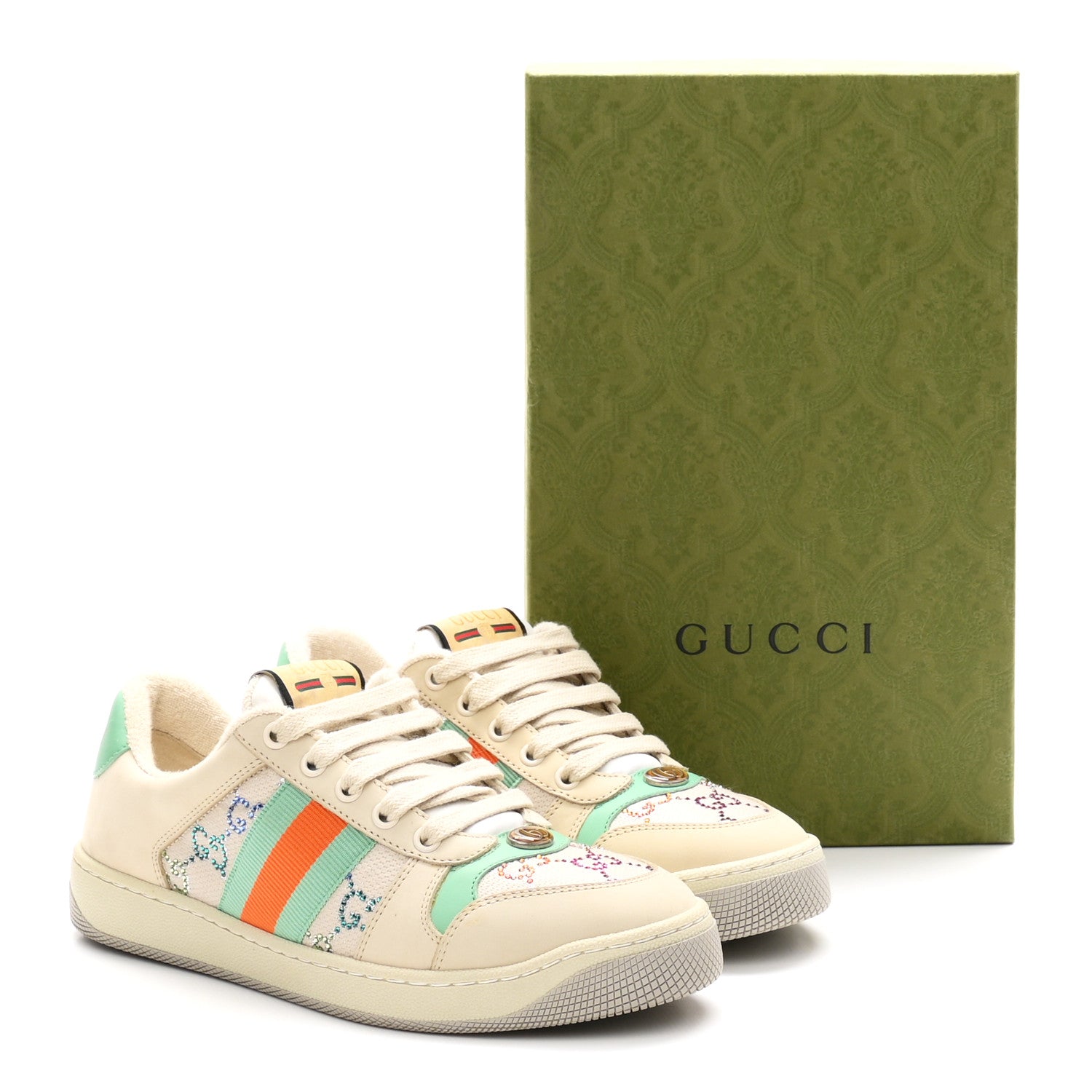 Gucci Miro Soft Calfskin Canvas Lame Crystal GG Monogram Web Screener Sneakers 37.5 Gardenia Silver Mystic White 10 of 10