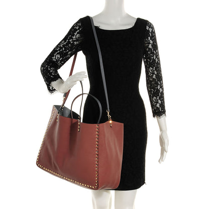 Valentino Garavani Grained Calfskin Medium Rockstud Reversible Tote Dark Rose Grey 2 of 6