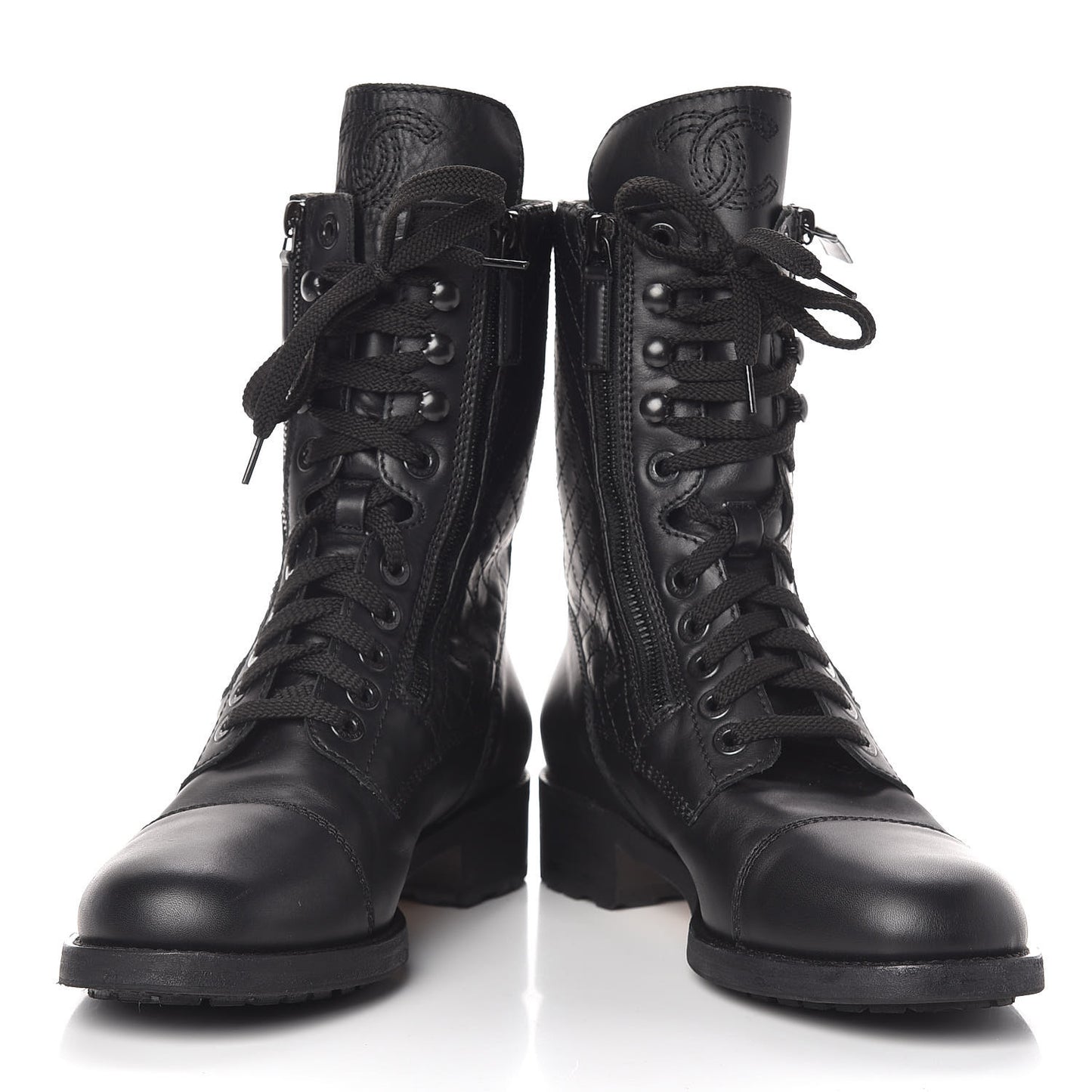 Calfskin Quilted CC Tall Lace Up Combat Boots 40 Black