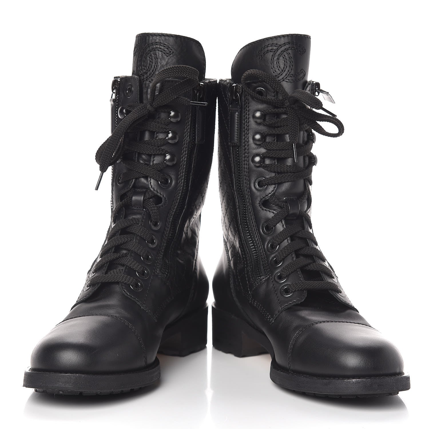 Chanel Calfskin Quilted CC Tall Lace Up Combat Boots 40 Black 6 of 12