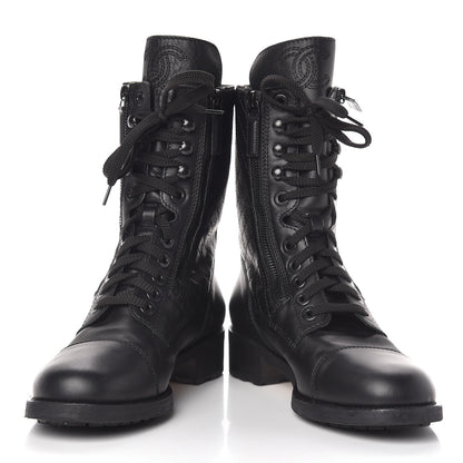 Chanel Calfskin Quilted CC Tall Lace Up Combat Boots 40 Black 6 of 12