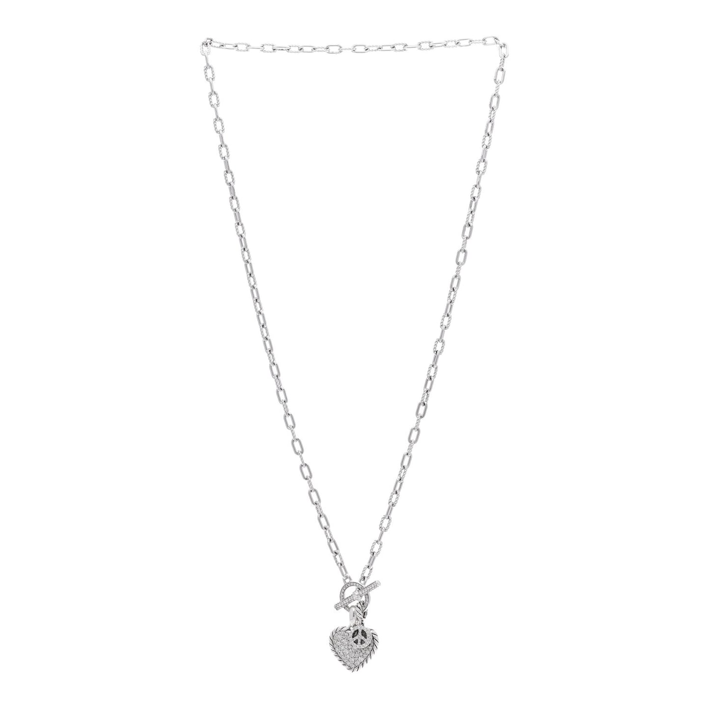 Sterling Silver Diamond 3.5mm DY Madison Pave Toggle Chain Micropave Peace Sign Amulet Pave Heart Amulet Necklace