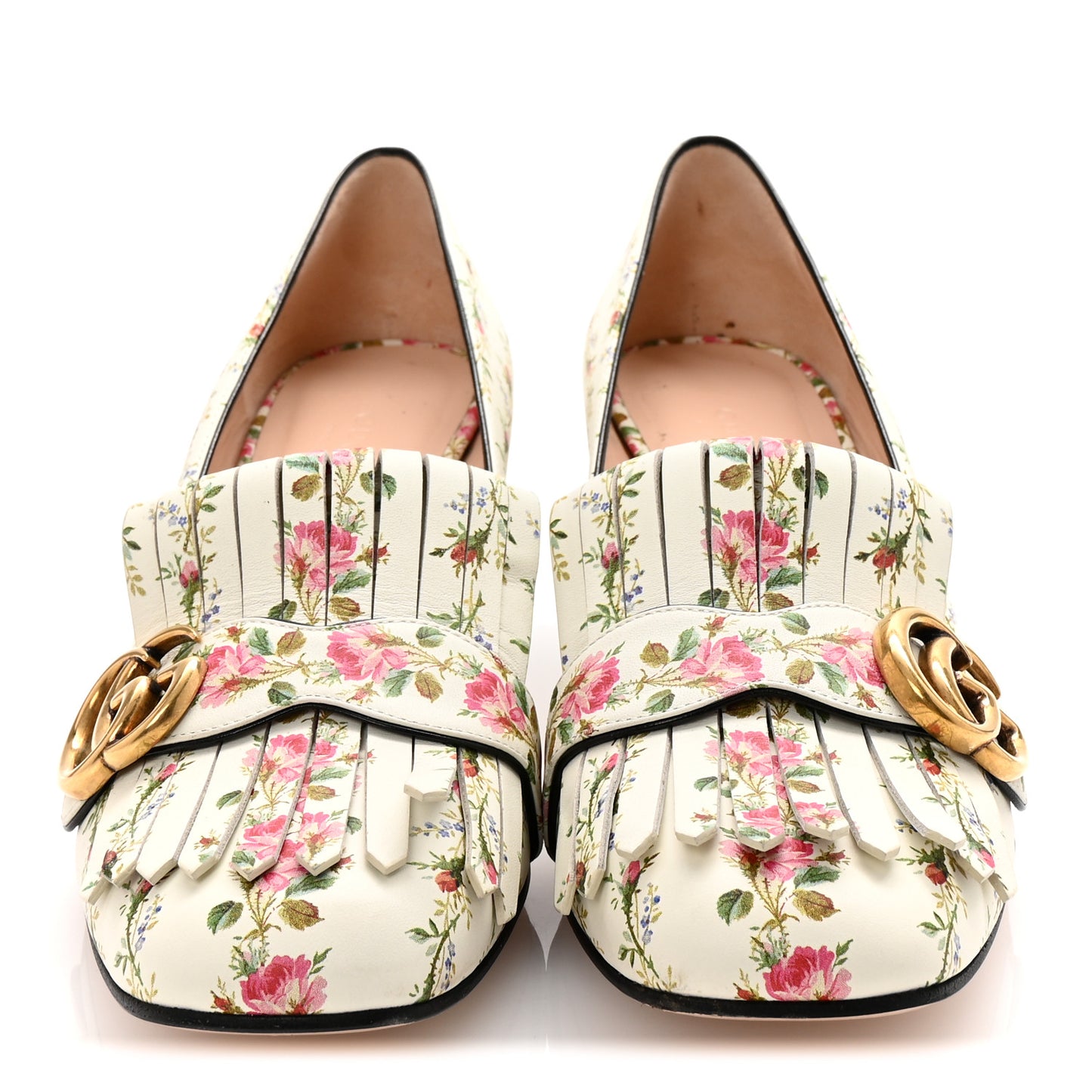 Calfskin Rose Print GG Marmont Fringe 50mm Loafer Pumps 39.5 Ivory Multicolor
