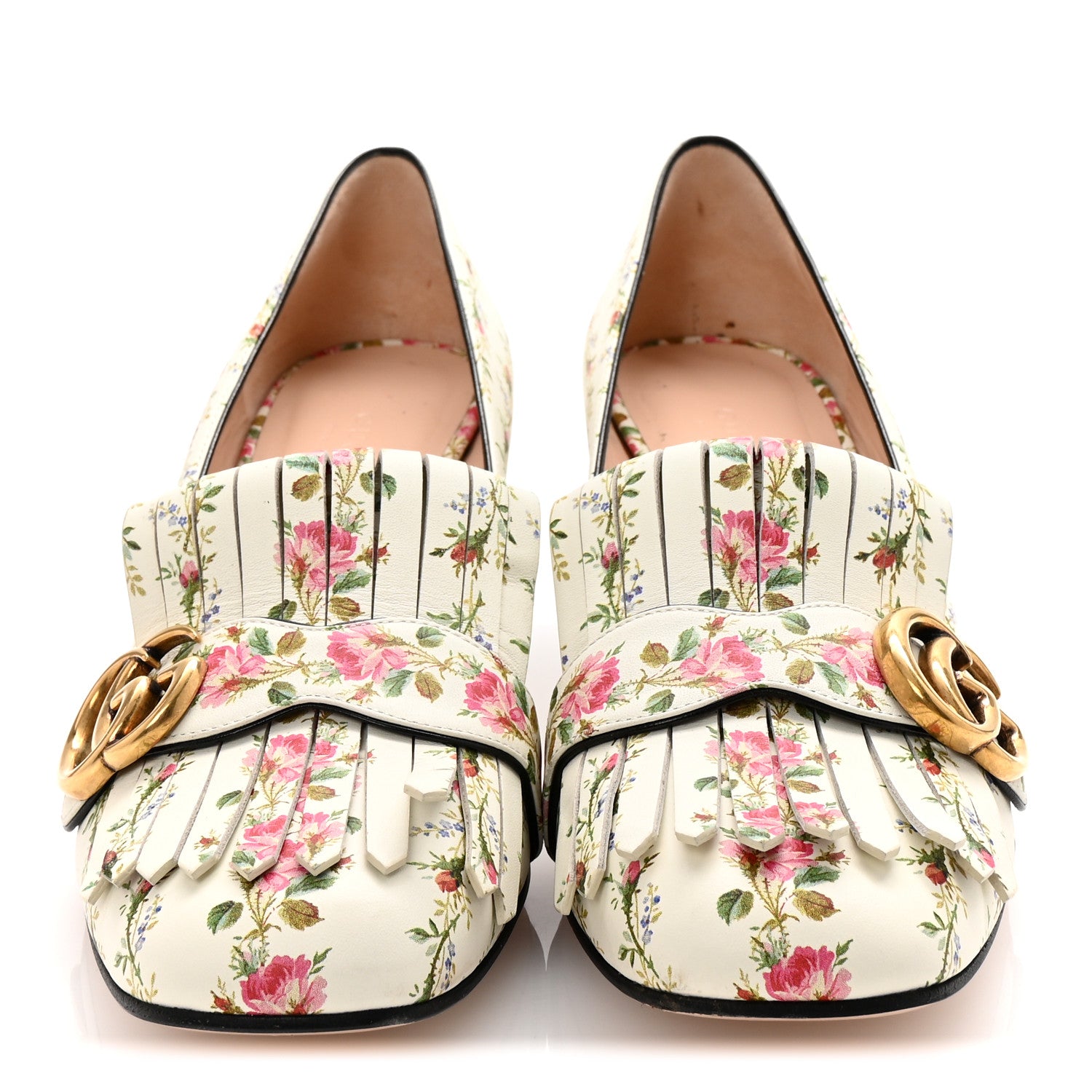 Gucci Calfskin Rose Print GG Marmont Fringe 50mm Loafer Pumps 39.5 Ivory Multicolor 3 of 10