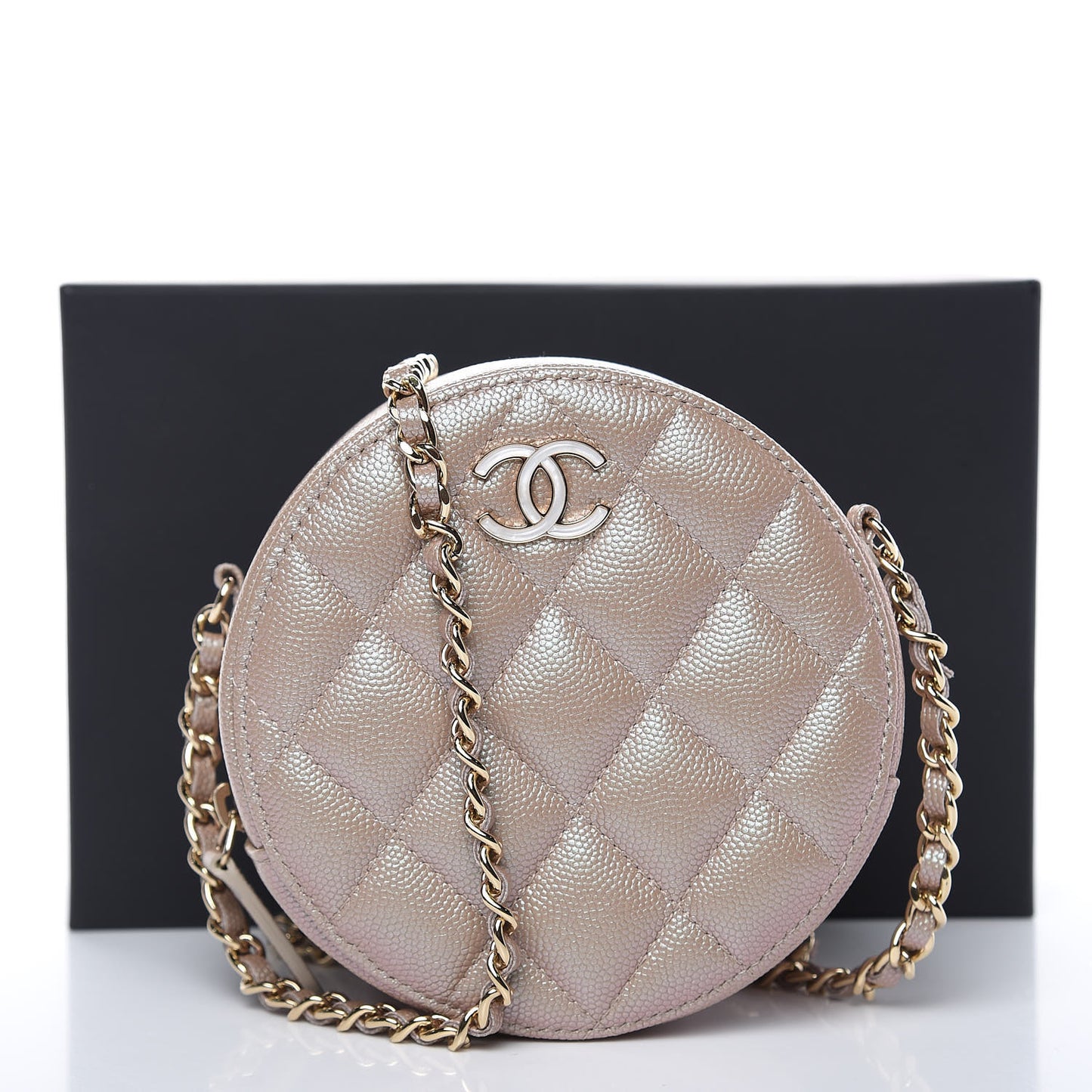 Iridescent Caviar Quilted Round Clutch With Chain Beige