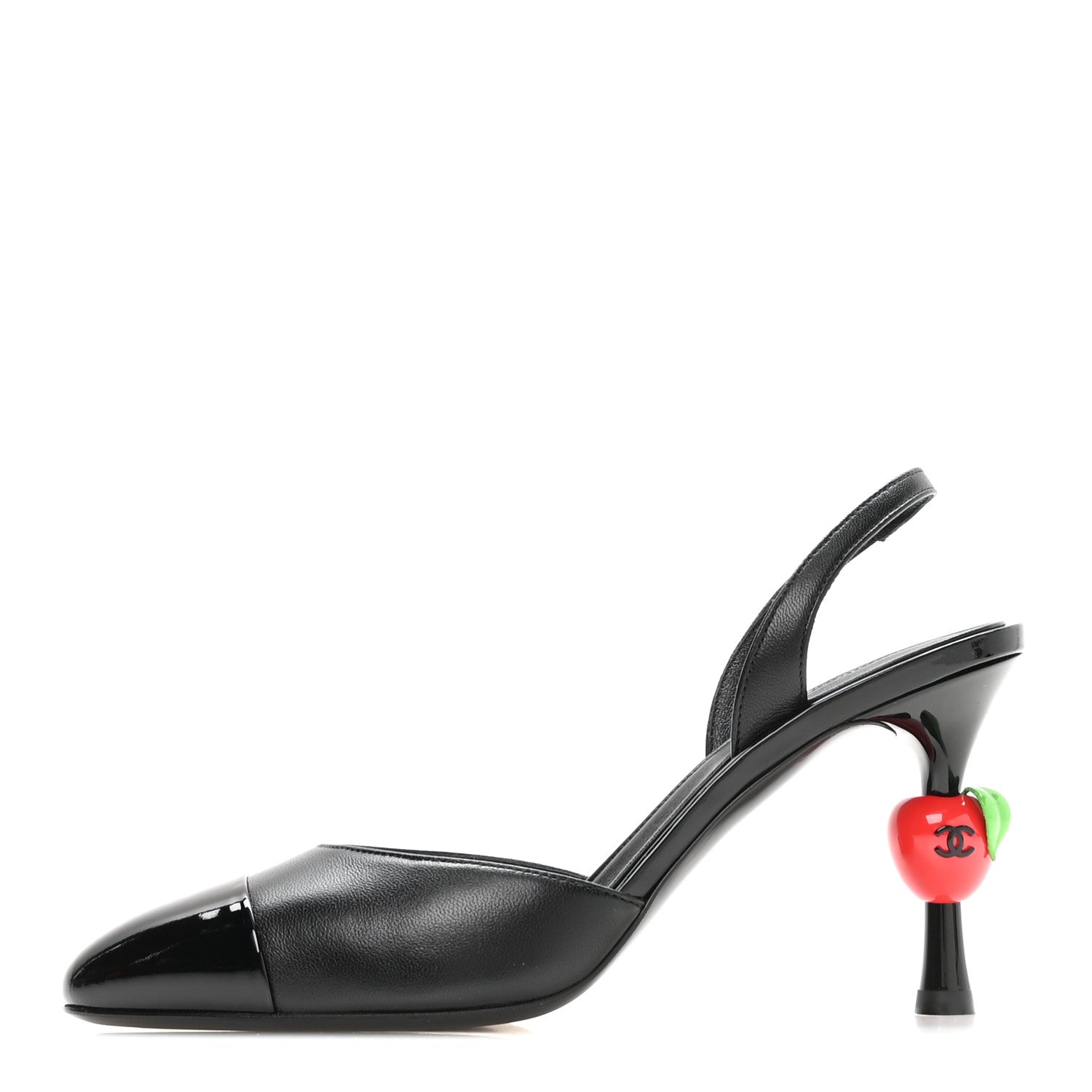 Chanel Lambskin Patent Calfskin Cap Toe CC Apple Slingback Pumps 37.5 Black 1 of 9
