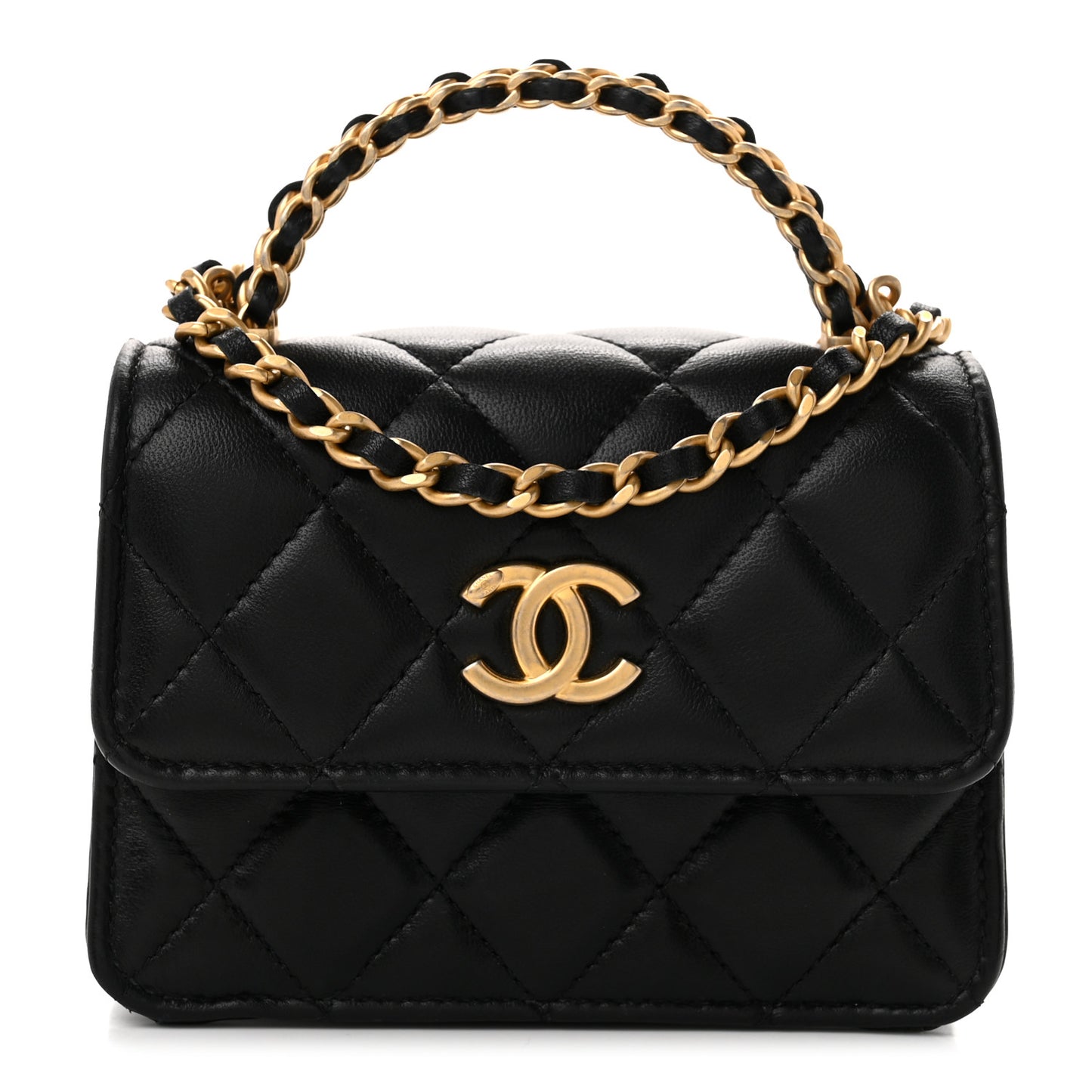 Lambskin Quilted Mini Metal Top Handle Flap Clutch With Chain  Black