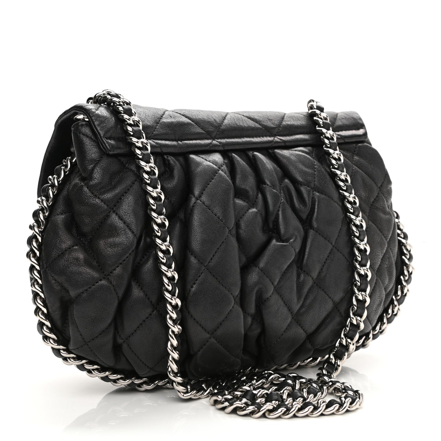 Washed Lambskin Quilted Chain Around Flap Black