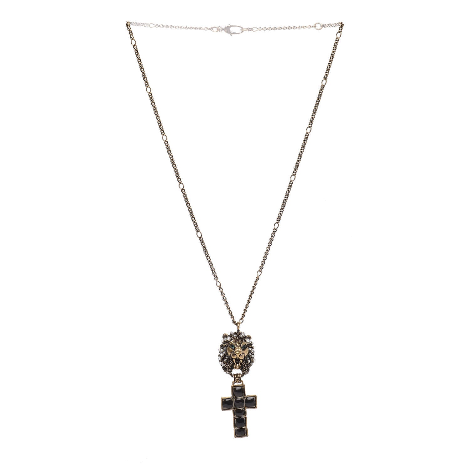 Gucci Metal Lion Head Pearl Crystal Crucifix Necklace Aged Gold 3 of 5