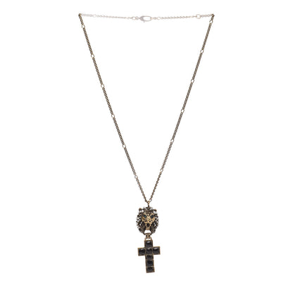 Gucci Metal Lion Head Pearl Crystal Crucifix Necklace Aged Gold 3 of 5
