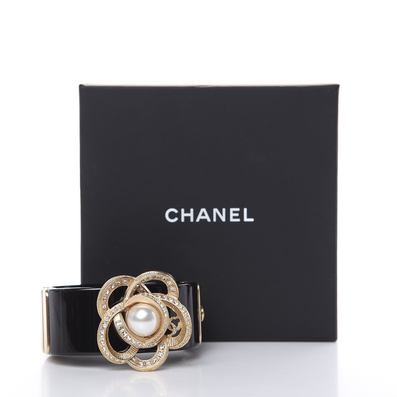 Chanel Resin Crystal Pearl Camellia CC Cuff Black 5 of 5