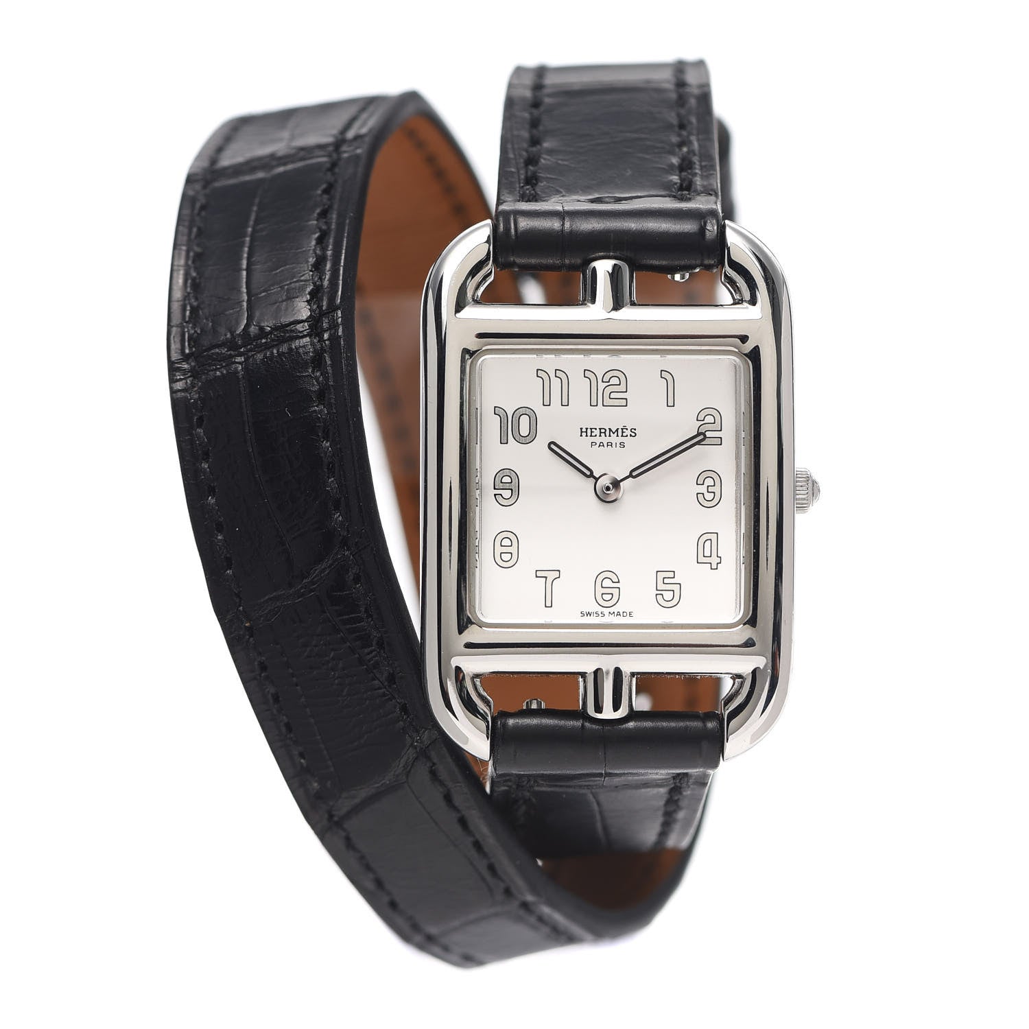 Hermes Stainless Steel Alligator 23mm Cape Cod Double Tour Quartz Watch Noir 1 of 5