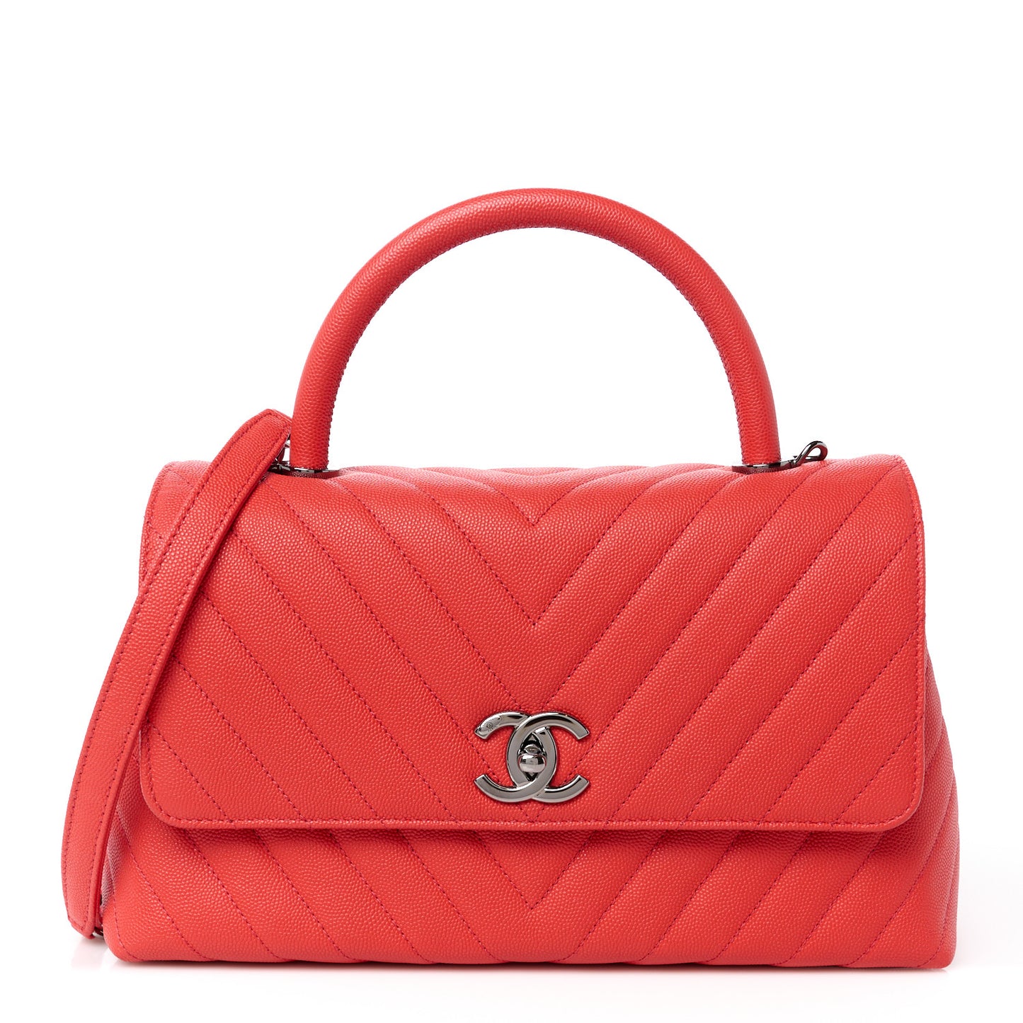 Caviar Chevron Quilted Small Coco Handle Flap Coral