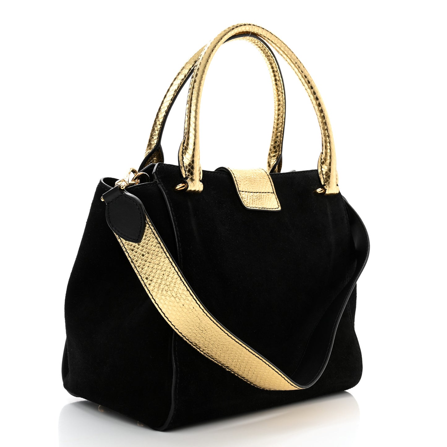 Suede Calfskin Watersnake Medium Buckle Tote Black Gold