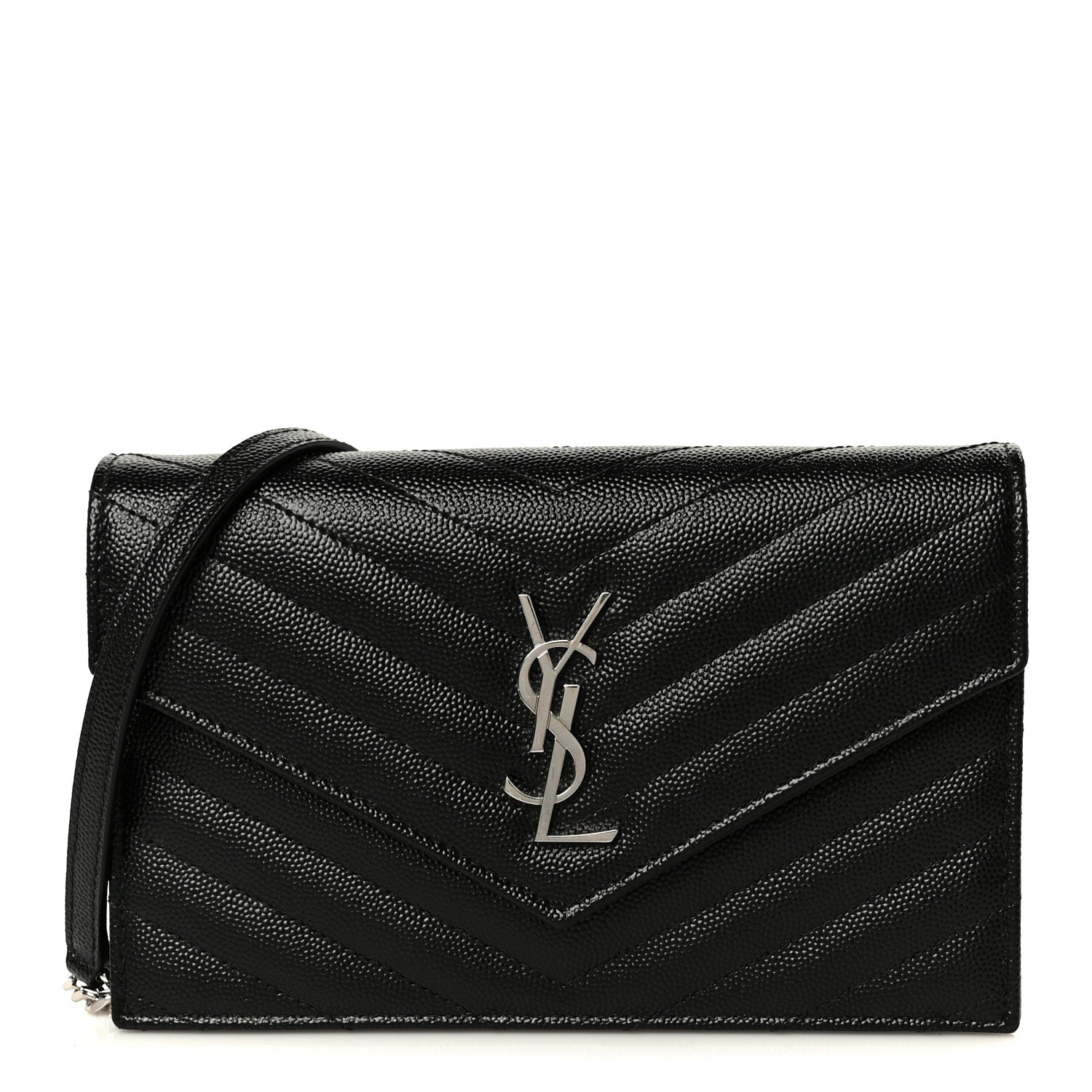 Saint Laurent Grain De Poudre Matelasse Chevron Monogram Envelope Chain Wallet Black 1 of 10