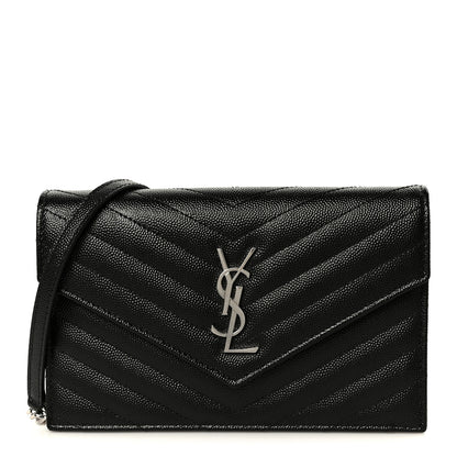 Saint Laurent Grain De Poudre Matelasse Chevron Monogram Envelope Chain Wallet Black 1 of 10