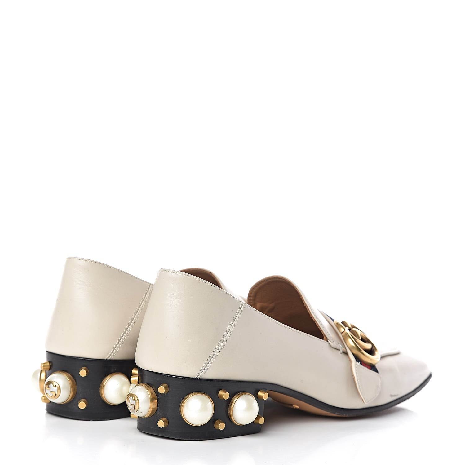 Gucci Betis Glamour Calfskin Web Pearl Embellished Peyton 35mm Loafer Pumps 36.5 Mystic White 4 of 16