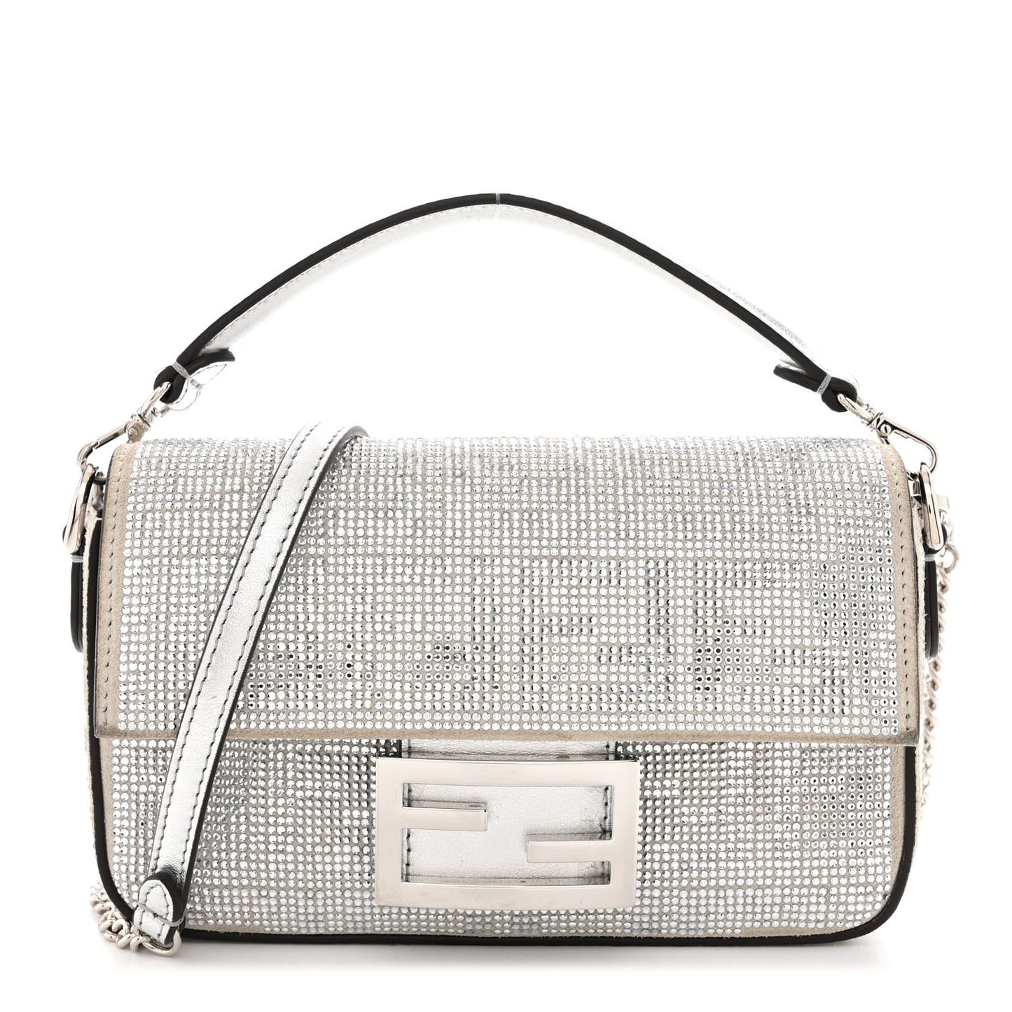 Crystal Vitello Laminato FF Mini Baguette Crystal Argento