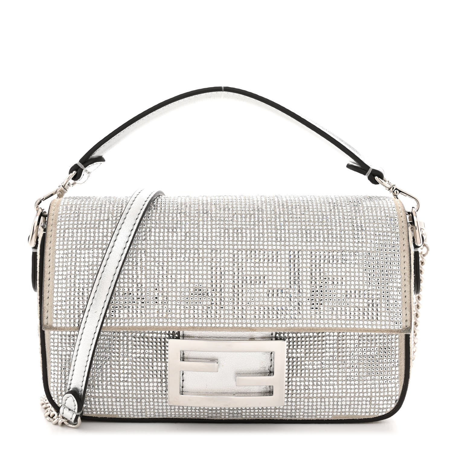Fendi Crystal Vitello Laminato FF Mini Baguette Crystal Argento 1 of 12