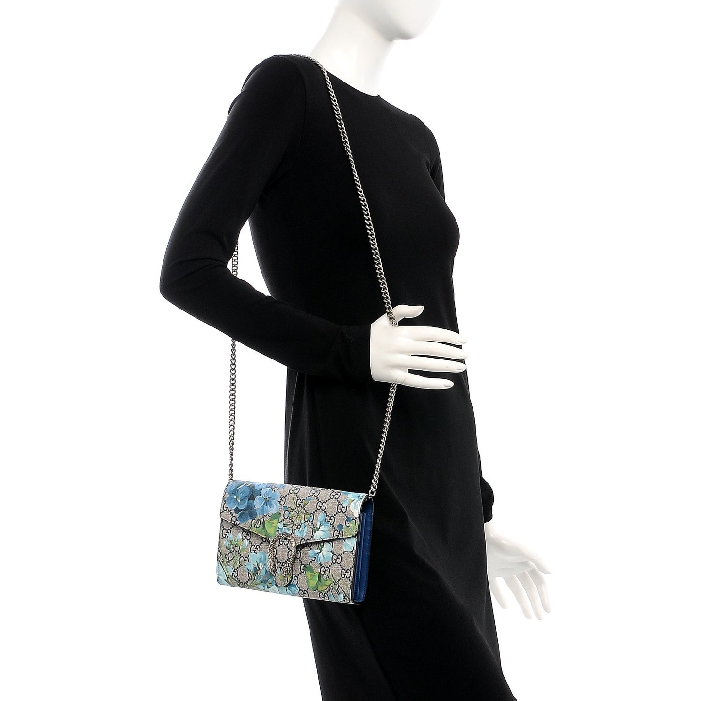 GG Supreme Monogram Blooms Mini Dionysus Chain Wallet Beige Blue Navy Vintage Blue