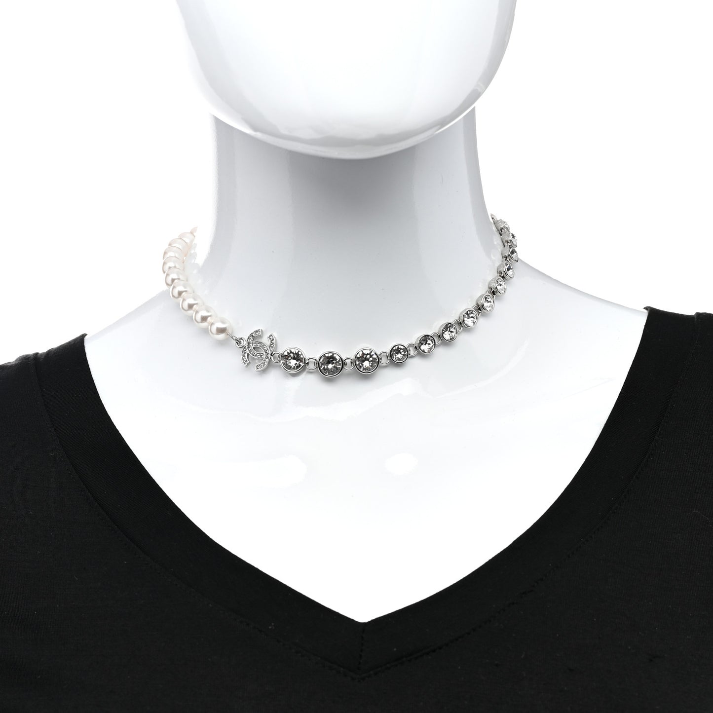 Pearl Crystal CC Choker Necklace Silver