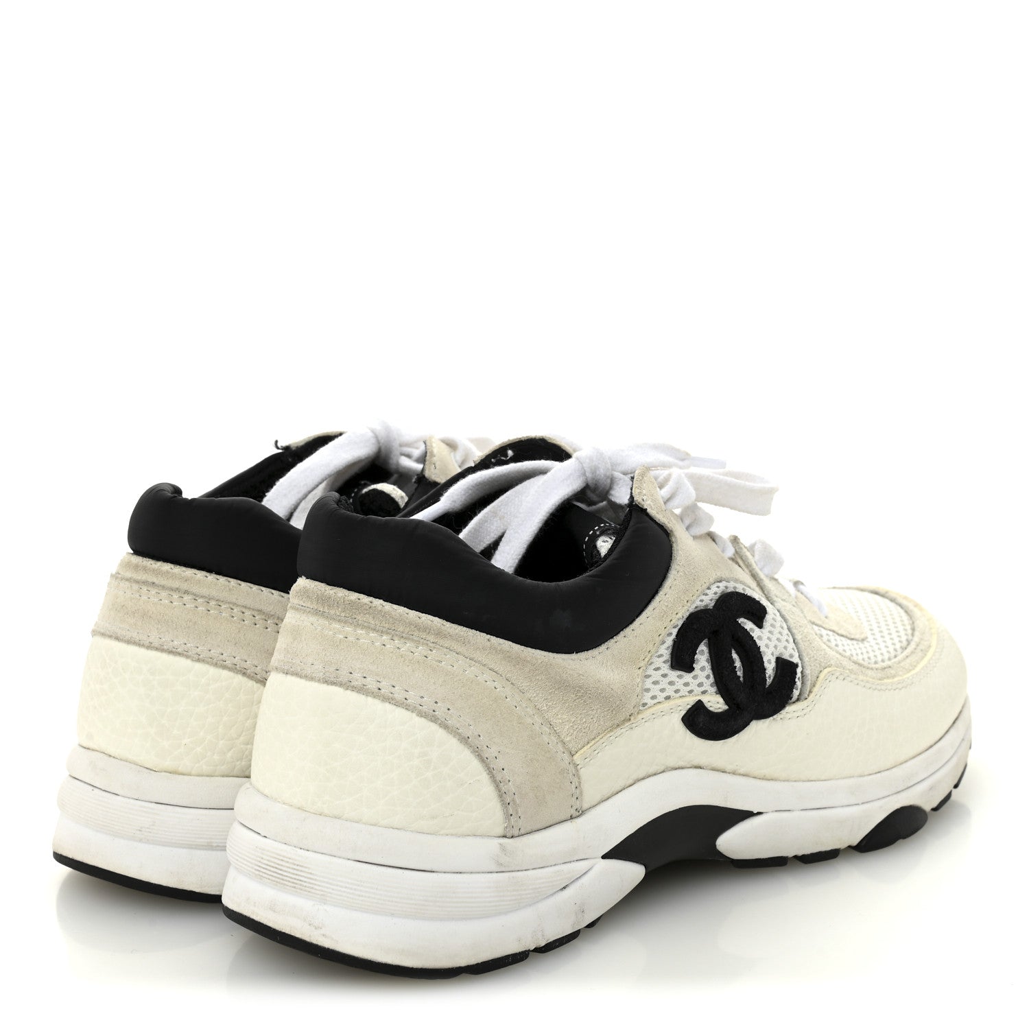 Chanel Mesh Suede Grained Calfskin Womens CC Sneakers 37 White
