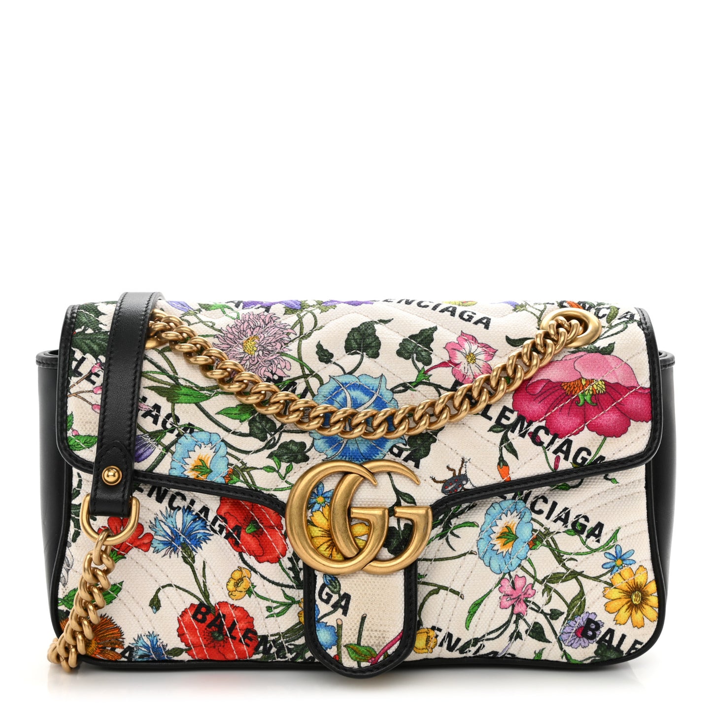 X BALENCIAGA Canvas Flora Logo Print Diagonal Matelasse Small GG Marmont Shoulder Bag White