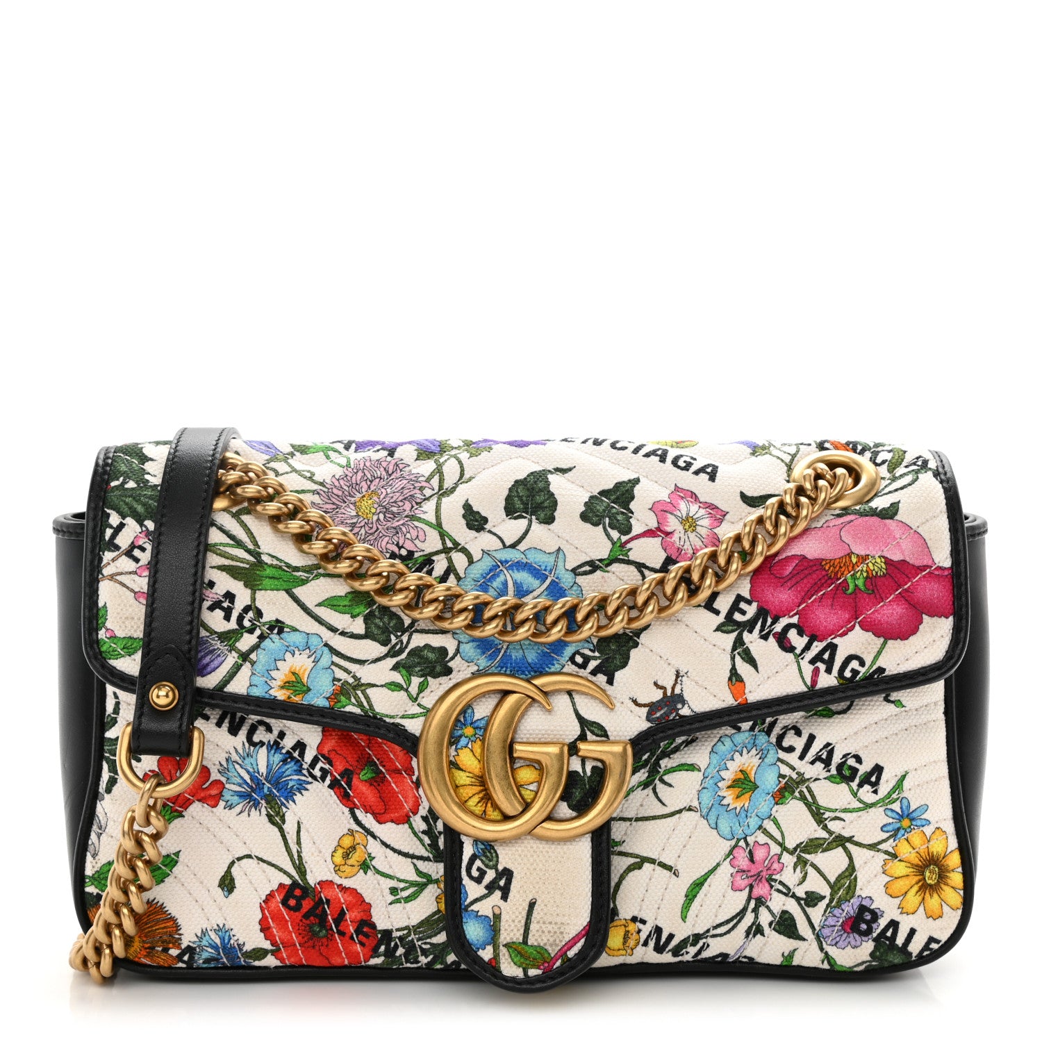 Gucci X BALENCIAGA Canvas Flora Logo Print Diagonal Matelasse Small GG Marmont Shoulder Bag White 1 of 9