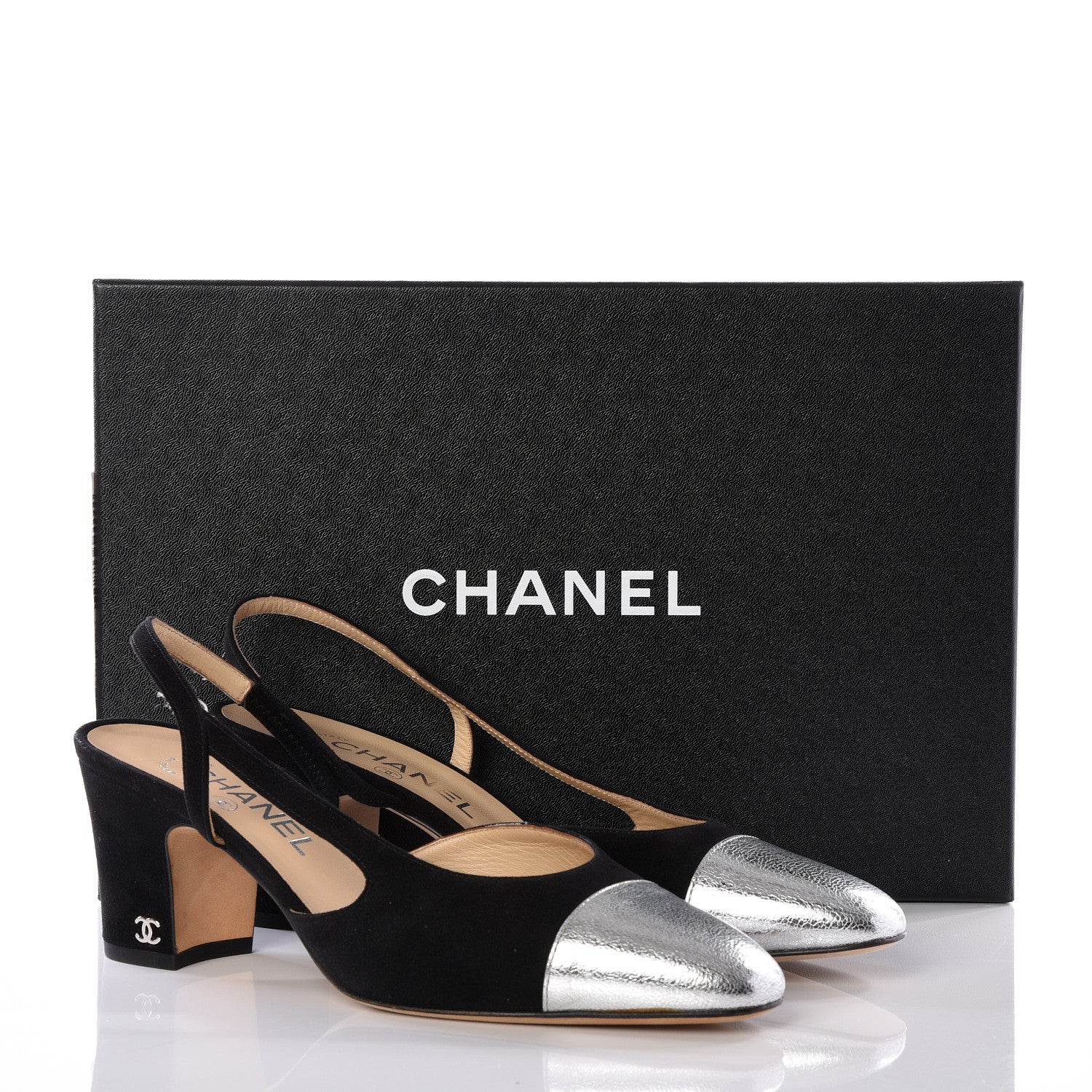 Chanel Kid Suede Metallic Lambskin Cap Toe CC Slingback Pumps 37.5 Black Silver 11 of 11