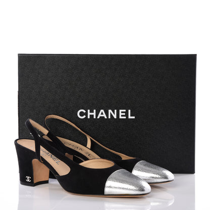 Chanel Kid Suede Metallic Lambskin Cap Toe CC Slingback Pumps 37.5 Black Silver 11 of 11