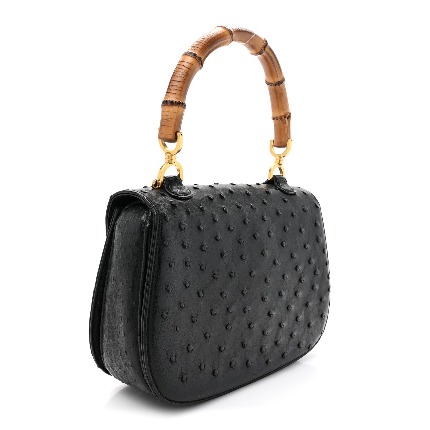 Gucci Ostrich Medium Bamboo Top Handle Bag Black 3 of 16