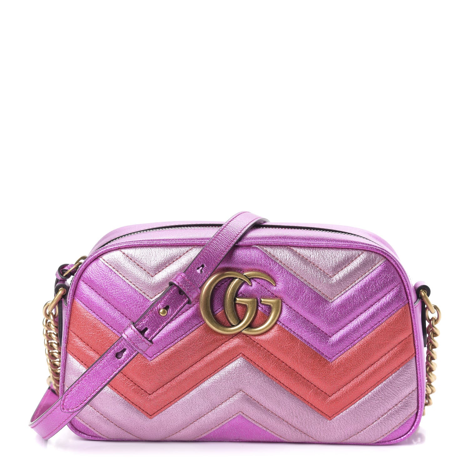 Gucci Laminated Nappa Matelasse Small GG Marmont Chain Shoulder Bag Fuxia Rosso Rosa 1 of 10