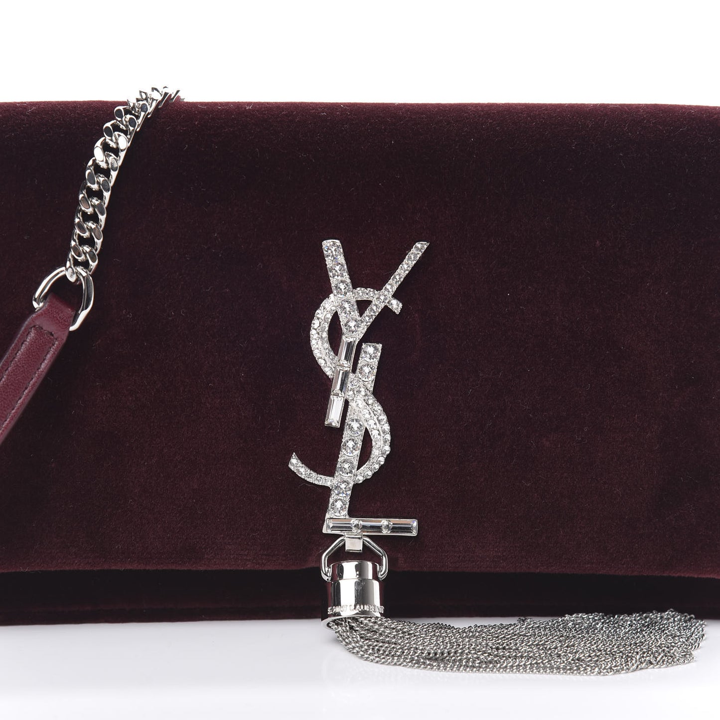 Velvet Crystal Monogram Kate Tassel Shoulder Bag Burgundy