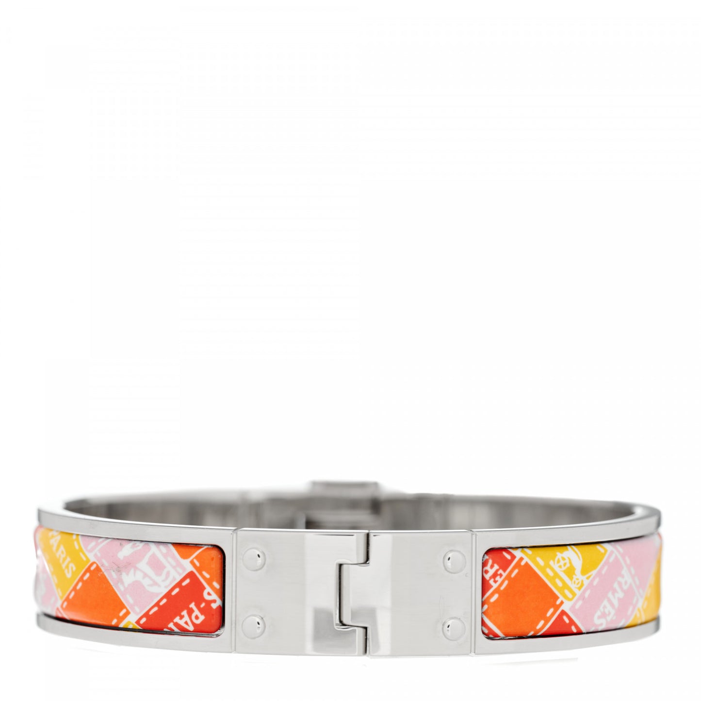 Enamel Printed Narrow Bolduc Au Carre Hinged Bracelet S Orange White Vieux