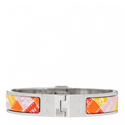 Hermes Enamel Printed Narrow Bolduc Au Carre Hinged Bracelet S Orange White Vieux 2 of 3