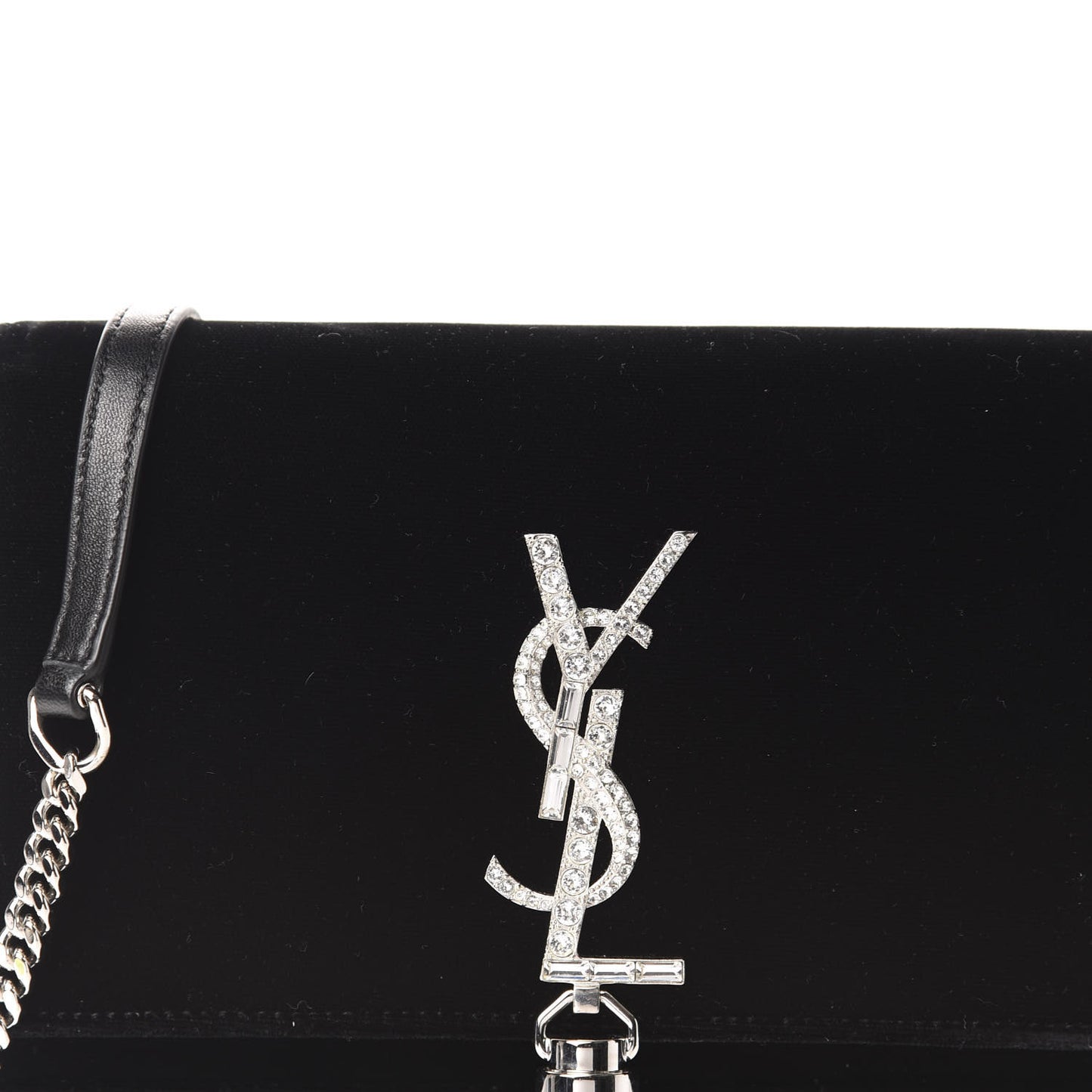 Velvet Crystal Monogram Tassel Chain Wallet Black