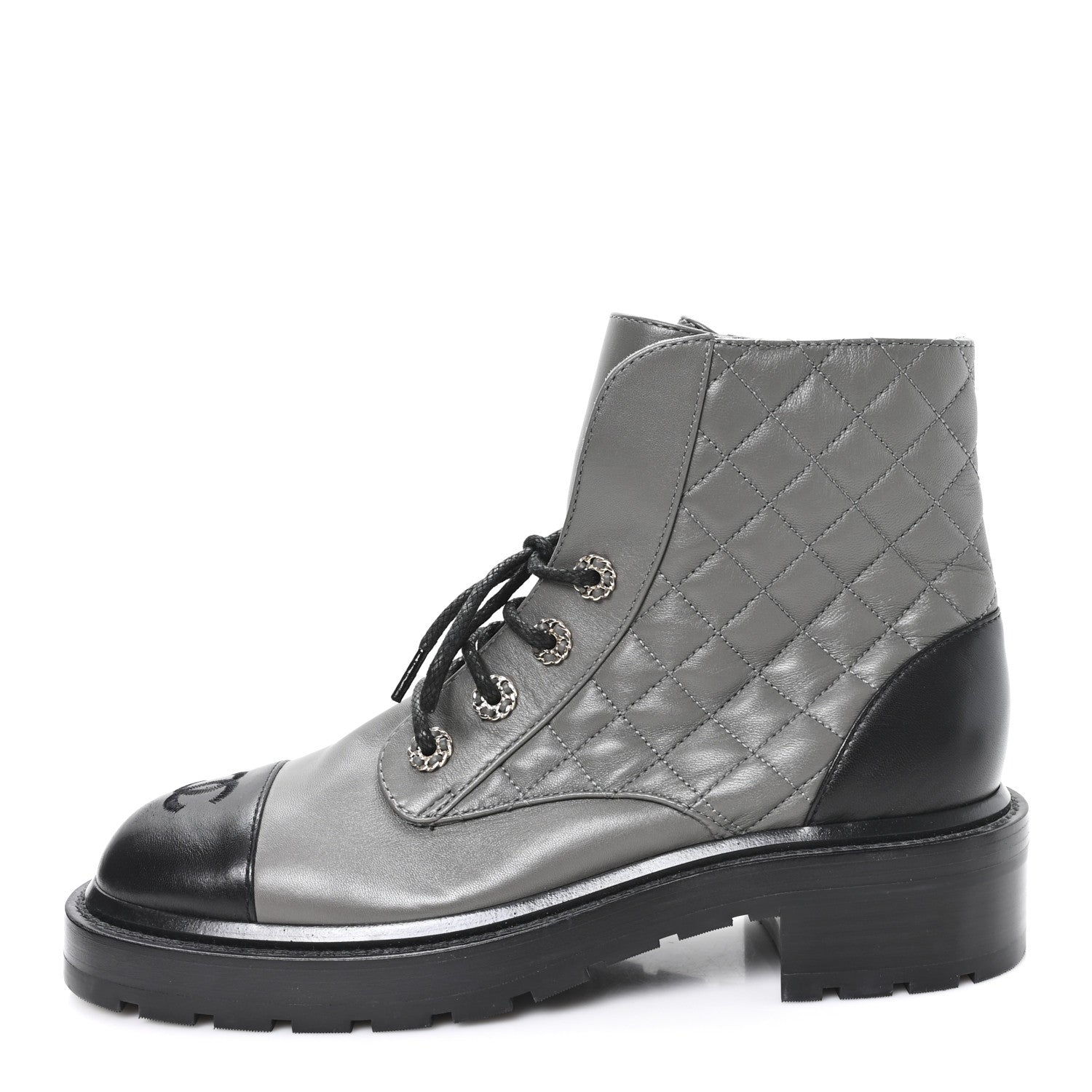 Chanel Shiny Lambskin Quilted Lace Up Combat Boots 39 Grey Black 1 of 9