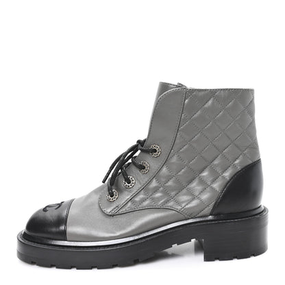 Chanel Shiny Lambskin Quilted Lace Up Combat Boots 39 Grey Black 1 of 9