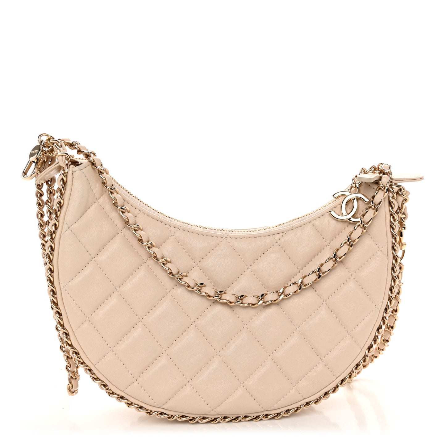 Lambskin Quilted Small Hobo Bag Light Beige