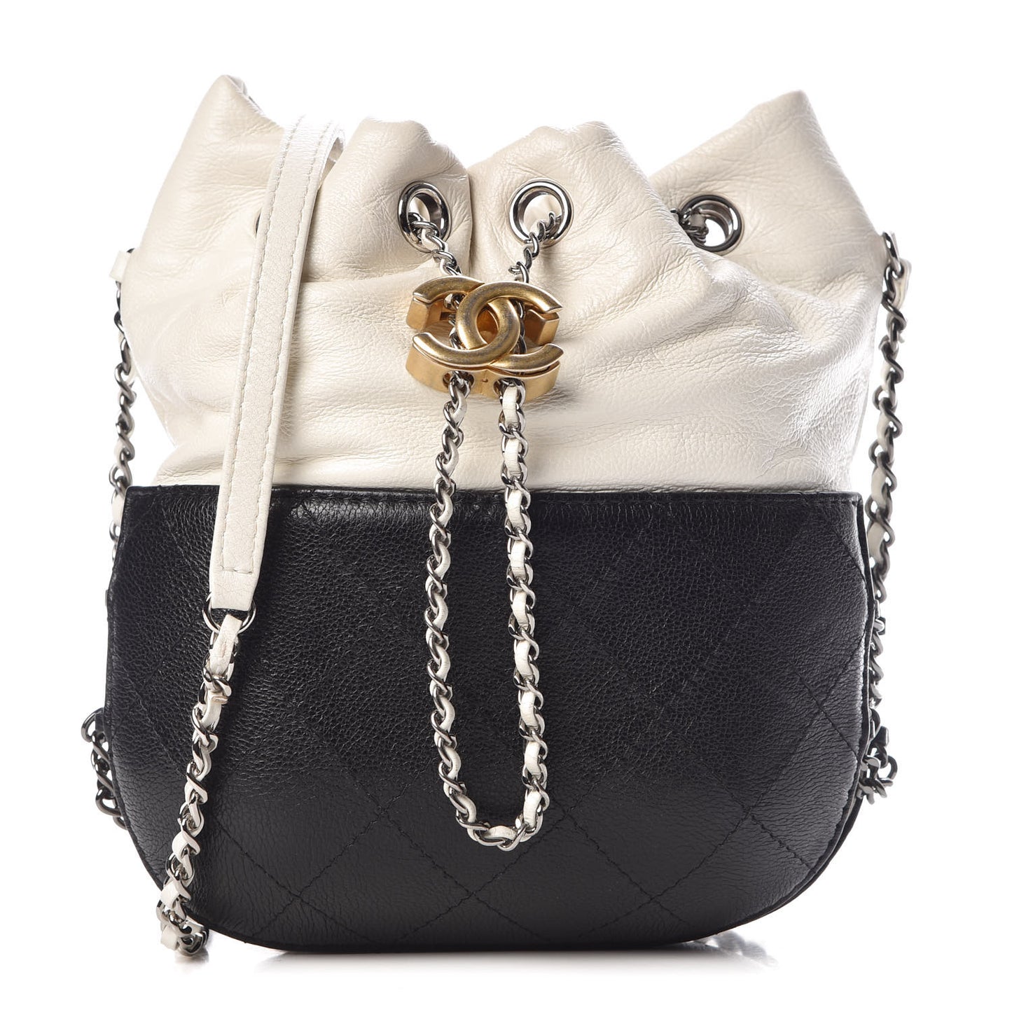 Aged Calfskin Quilted Small Gabrielle Bucket White Black